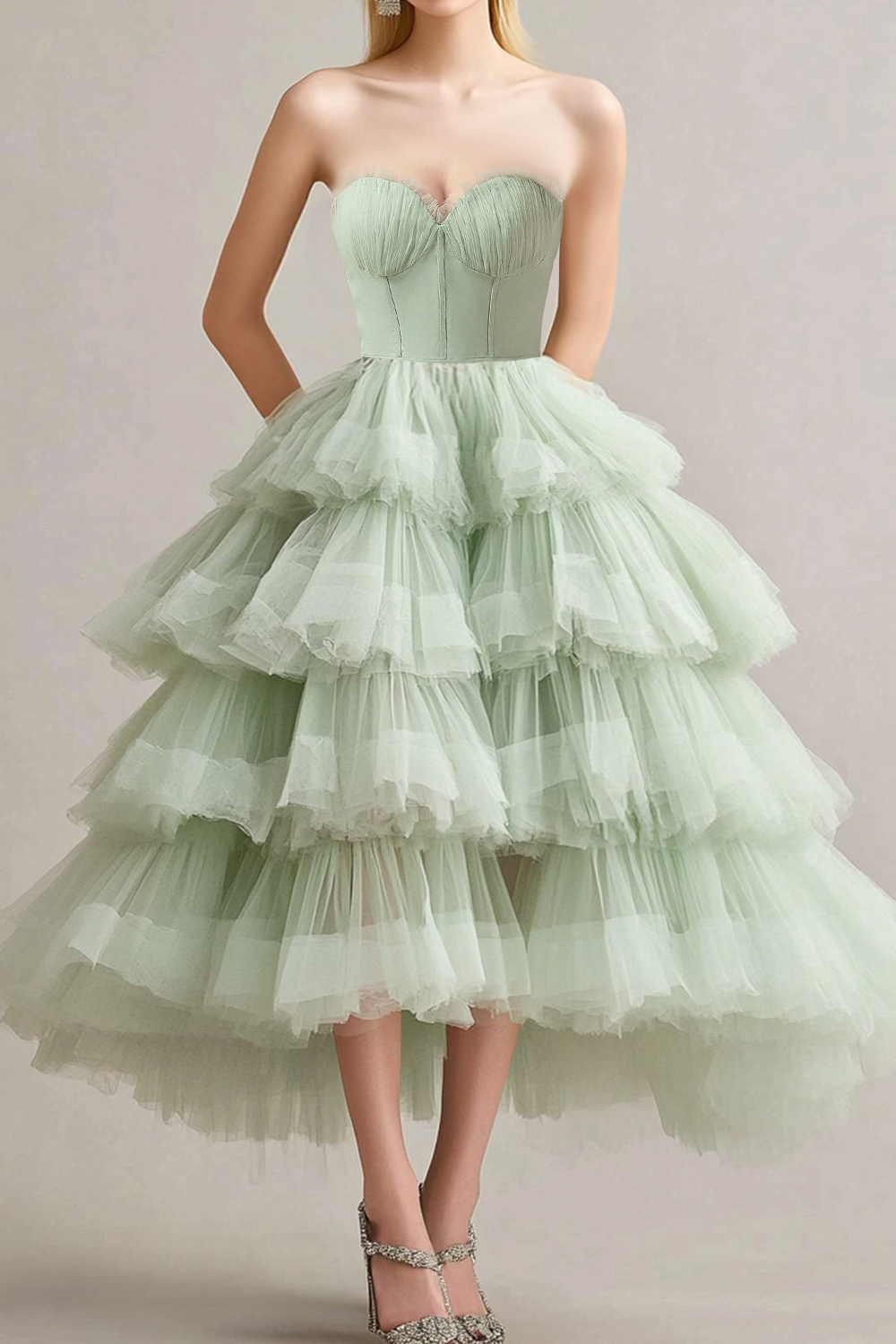 Sweetheart Sage Tulle Tiered Tea Length Formal Dress