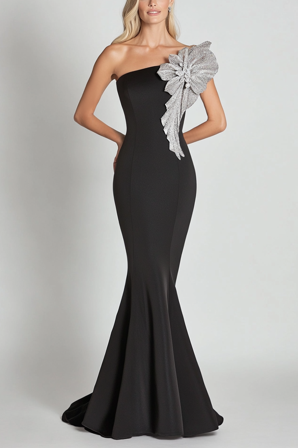 One Shoulder Black Satin Long Formal Dress with Sparkly Flower