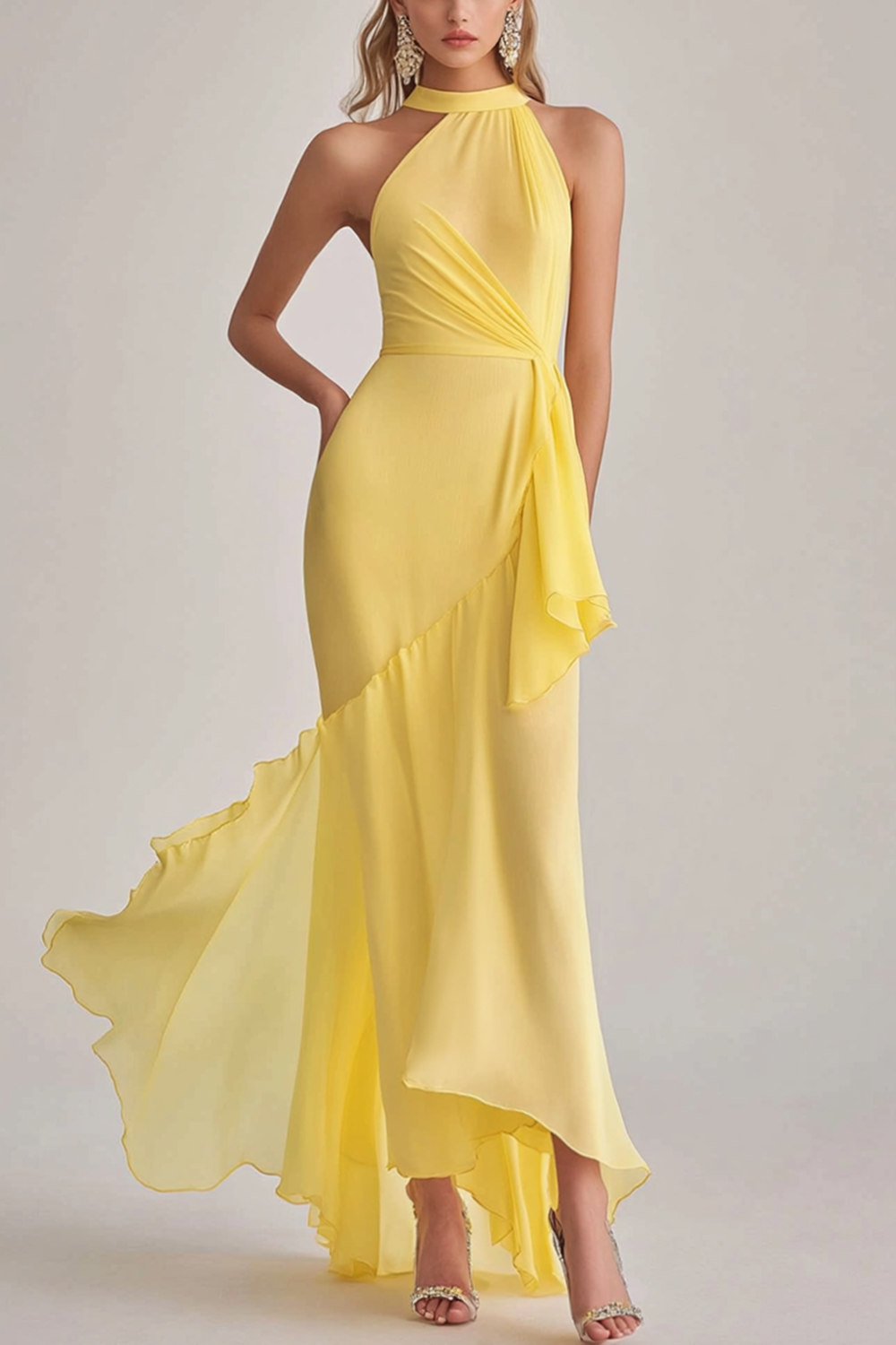 Elegant Daffodil Chiffon Long Formal Dress with Ruffles