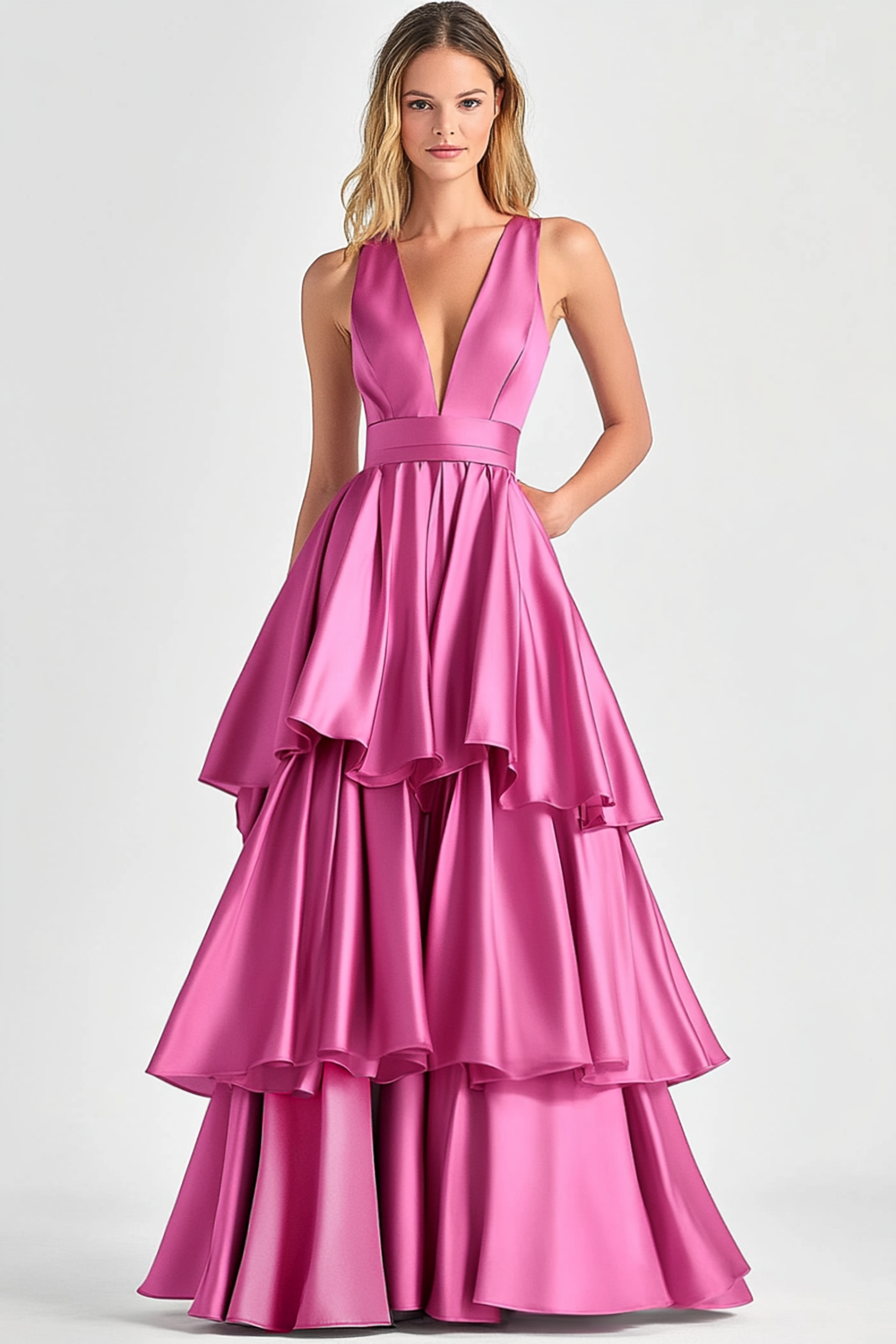 Trendy Fuchsia Princess Deep V-neck Satin Ruffled Long Prom Dress 