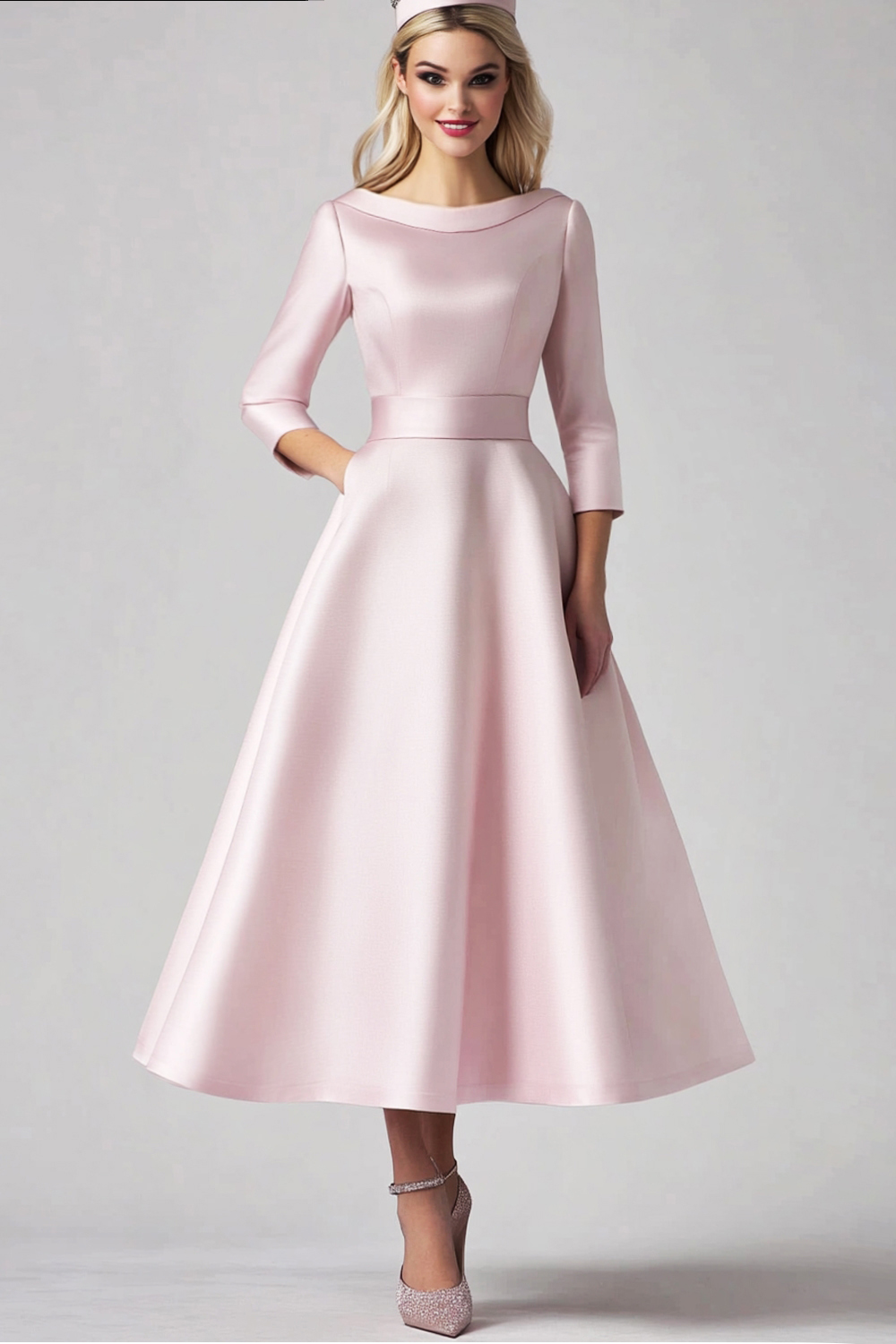 Pink Boat Neck A-Line Satin Tea Length Prom Dress with 3/4 Sleeves