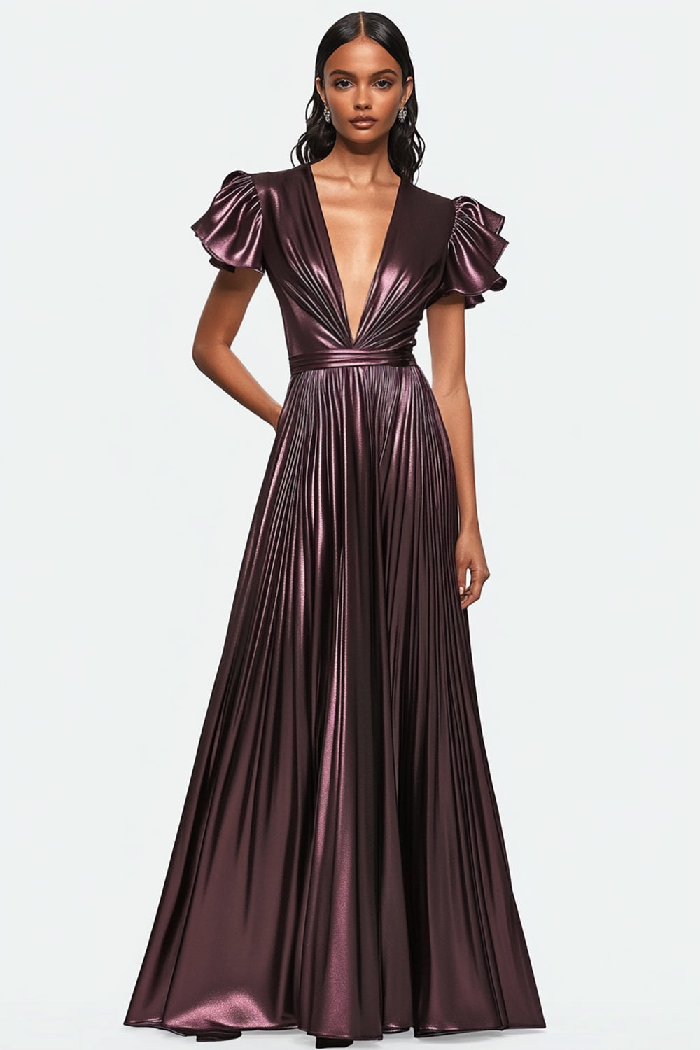 Metallic Dusty Purple V-Neck A Line Long Formal Dress with Ruffles