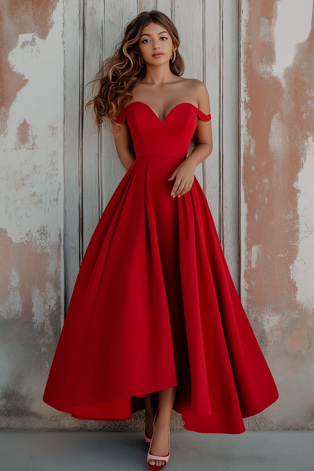 Red Off the Shoulder Princess Satin Tea Length Prom Dress