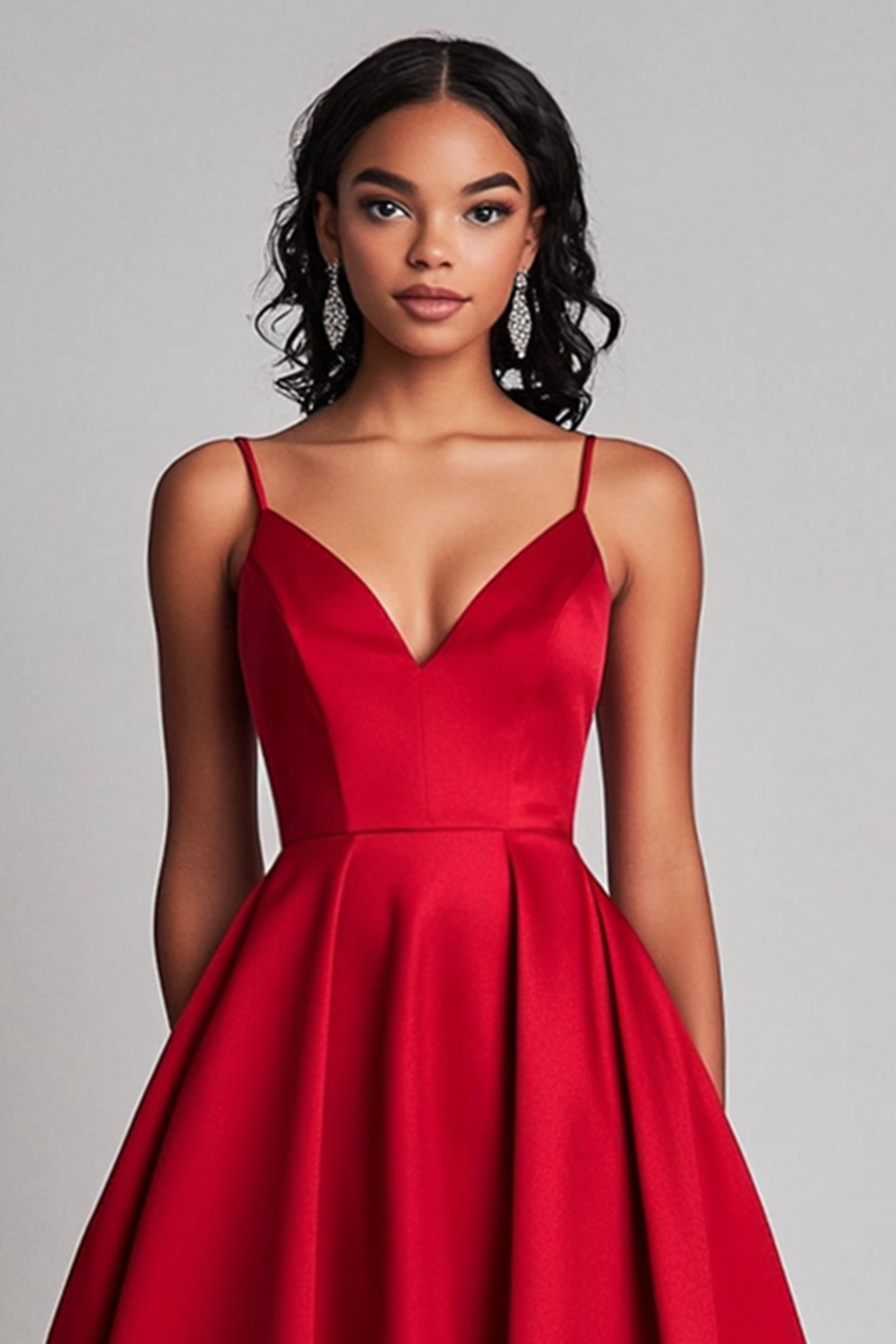 Red Spaghetti Straps A-Line Satin Tea Length Prom Dress