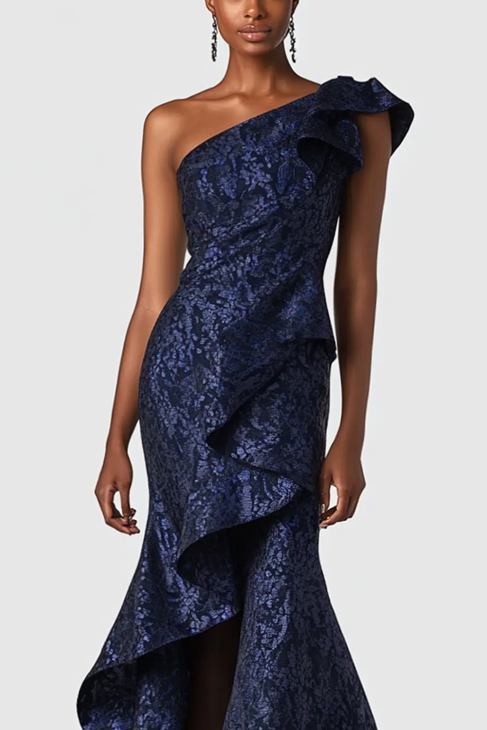 Navy One Shoulder Mermaid Jacquard Long Prom Dress