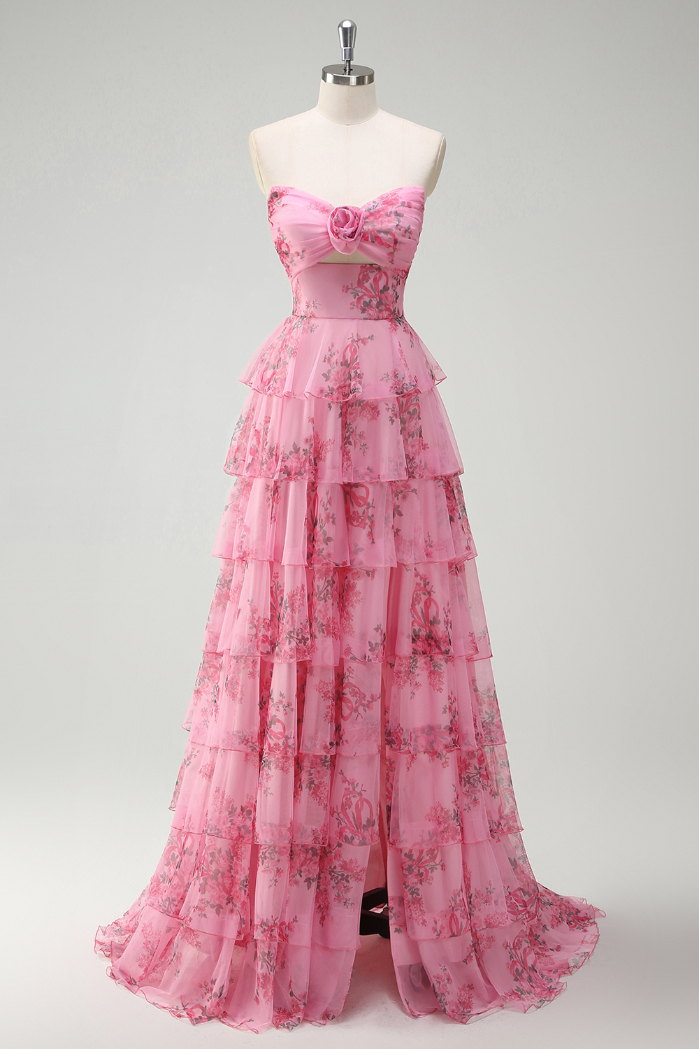 Blush Floral Printed Sweetheart Princess Chiffon Tiered Long Prom Dress with Slit