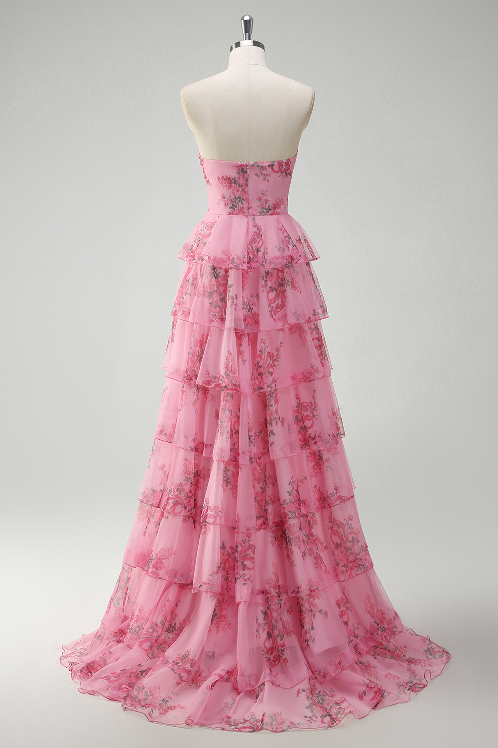 Blush Floral Printed Sweetheart Princess Chiffon Tiered Long Prom Dress with Slit