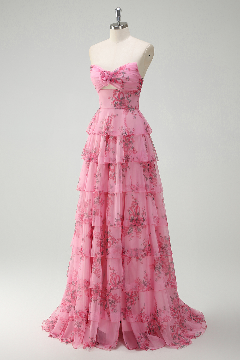 Blush Floral Printed Sweetheart Princess Chiffon Tiered Long Prom Dress with Slit