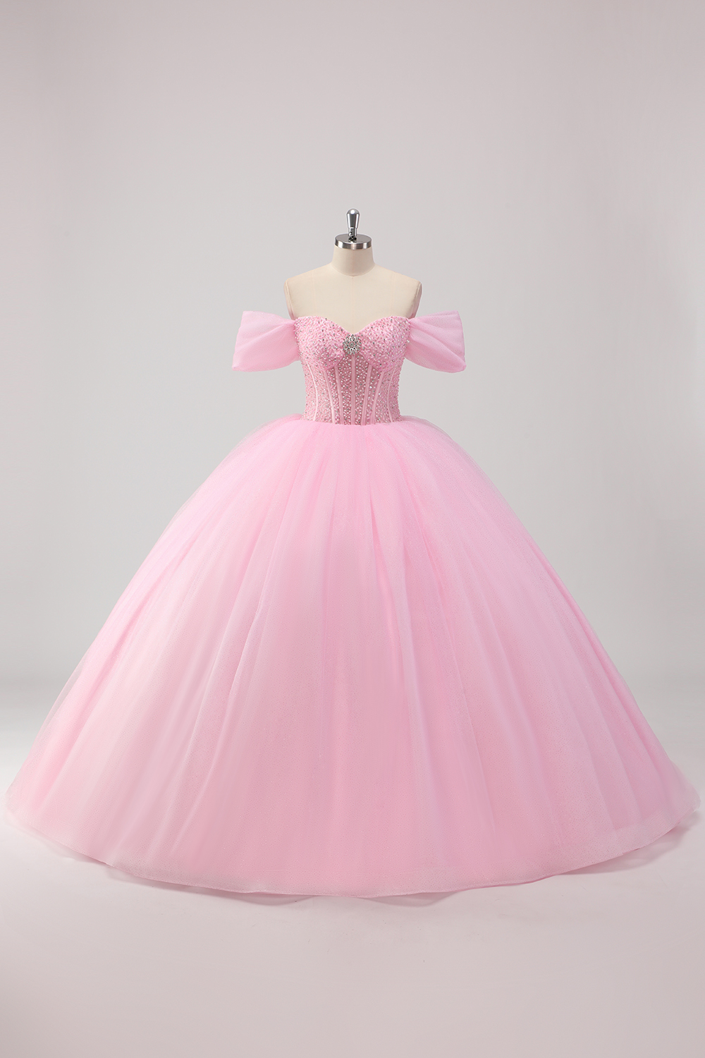 Pink Off the Shoulder Princess Beaded Tulle Quinceanera Dress