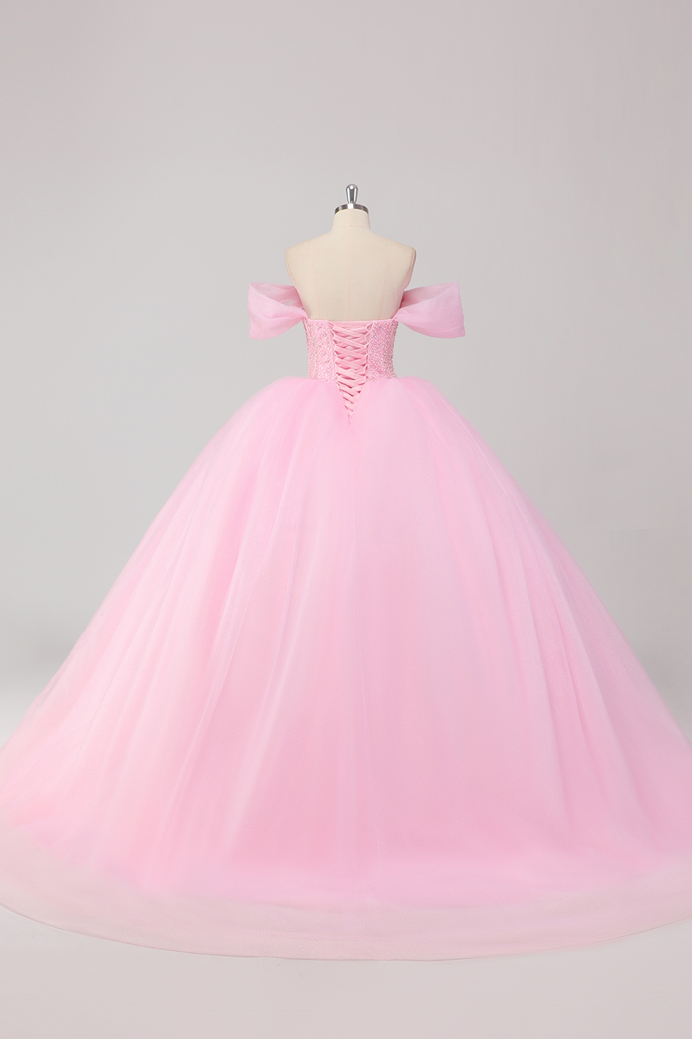 Pink Off the Shoulder Princess Beaded Tulle Quinceanera Dress