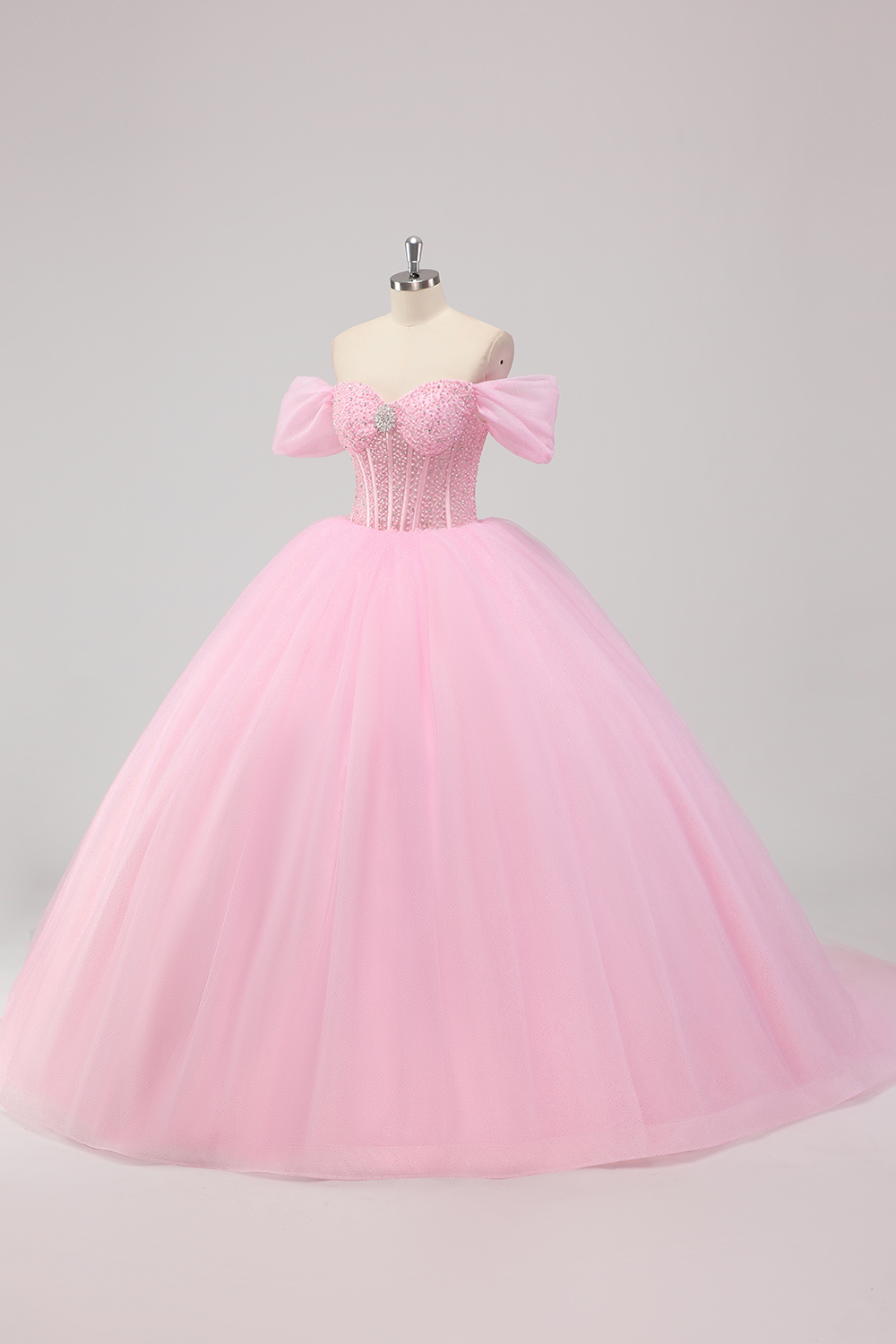 Pink Off the Shoulder Princess Beaded Tulle Quinceanera Dress