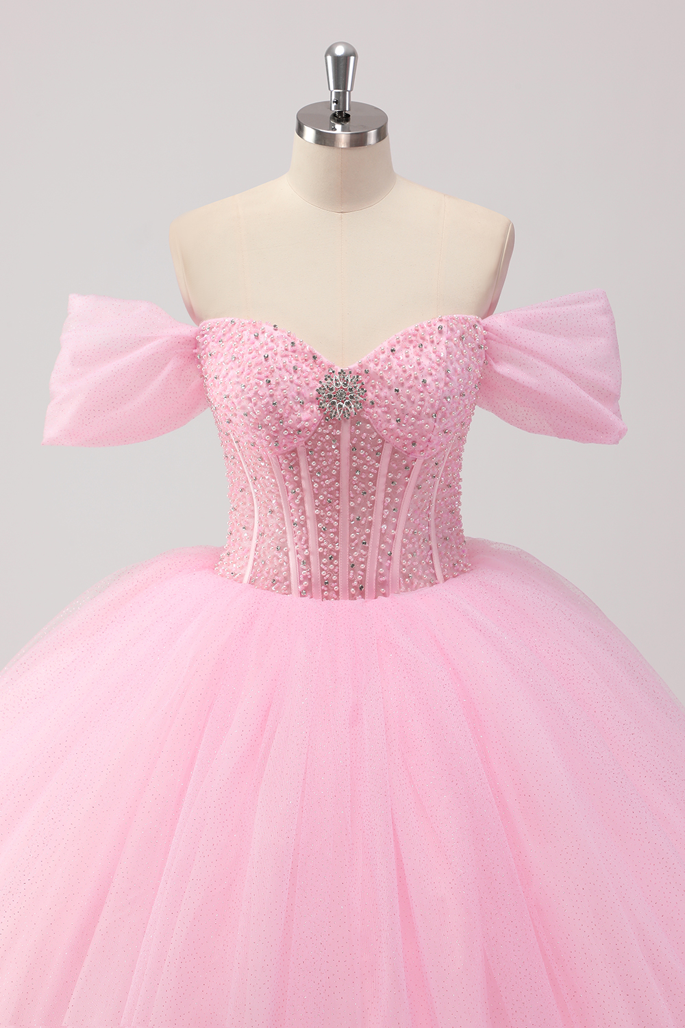 Pink Off the Shoulder Princess Beaded Tulle Quinceanera Dress