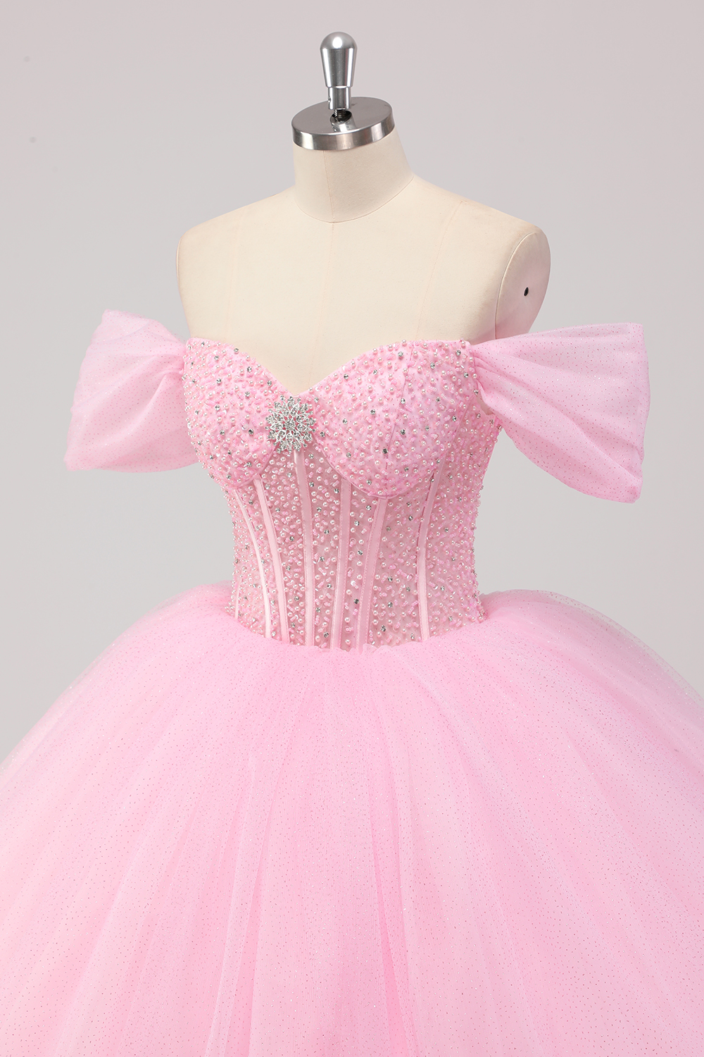 Pink Off the Shoulder Princess Beaded Tulle Quinceanera Dress