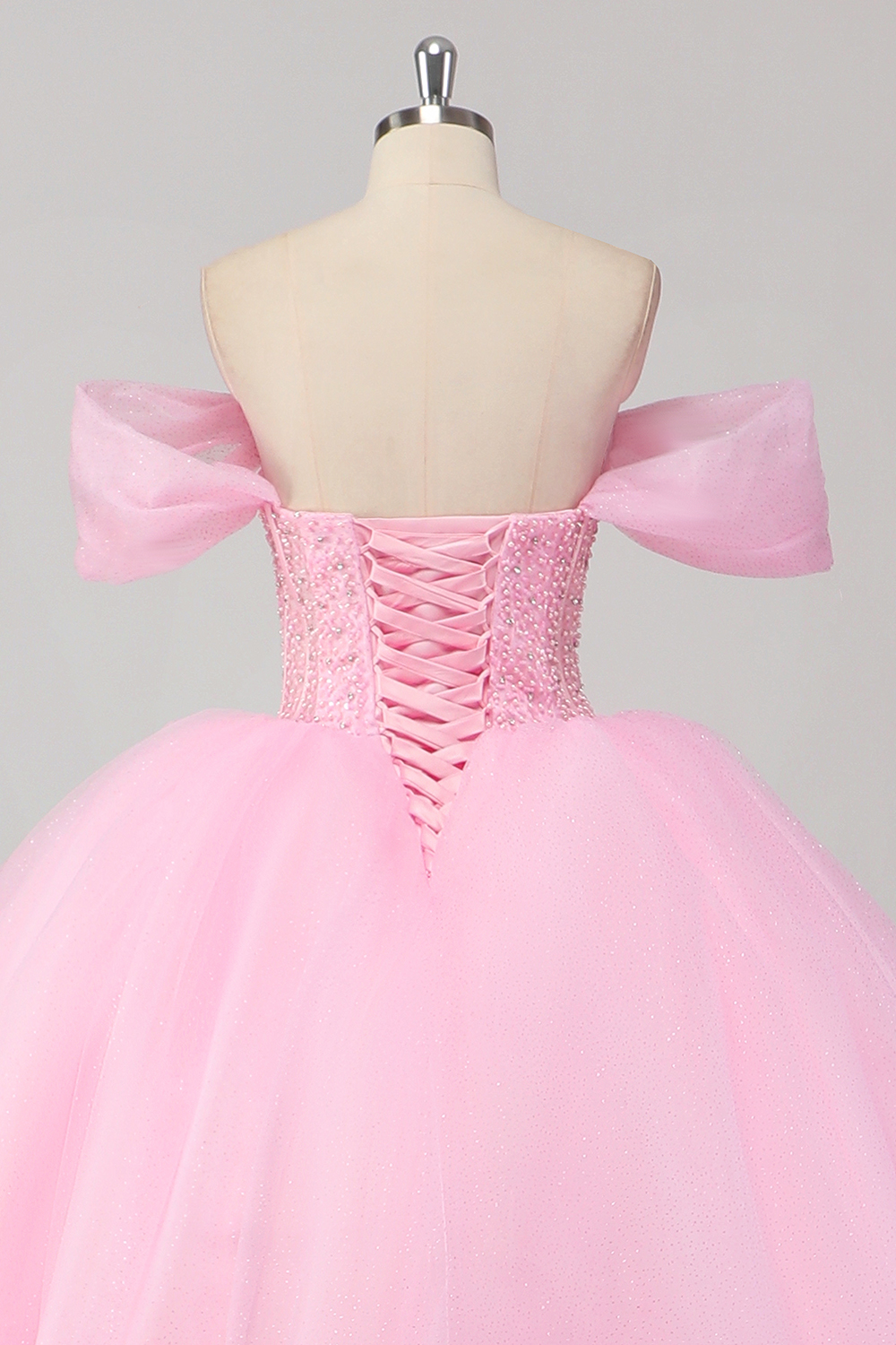Pink Off the Shoulder Princess Beaded Tulle Quinceanera Dress