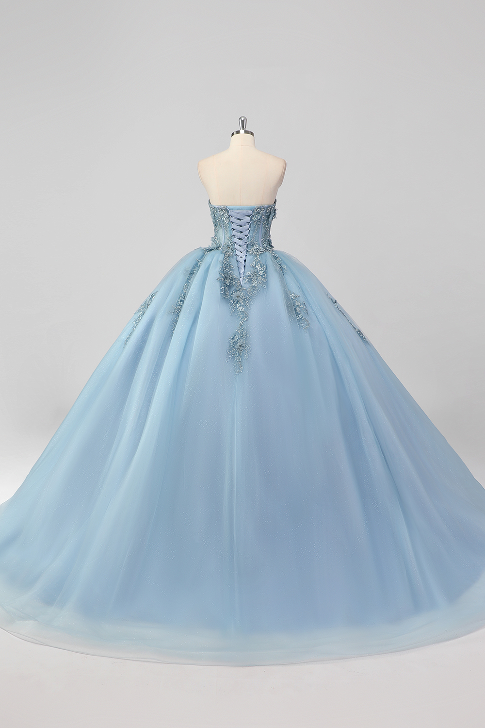 Grey Blue Sweetheart Tulle Ball Gown Applique Quinceanera Dress with Beading