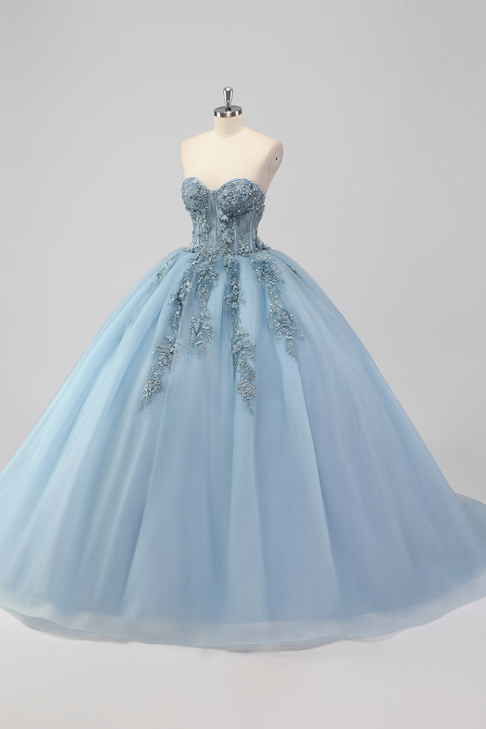 Grey Blue Sweetheart Tulle Ball Gown Applique Quinceanera Dress with Beading