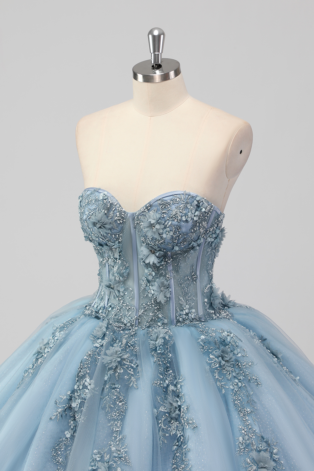 Grey Blue Sweetheart Tulle Ball Gown Applique Quinceanera Dress with Beading
