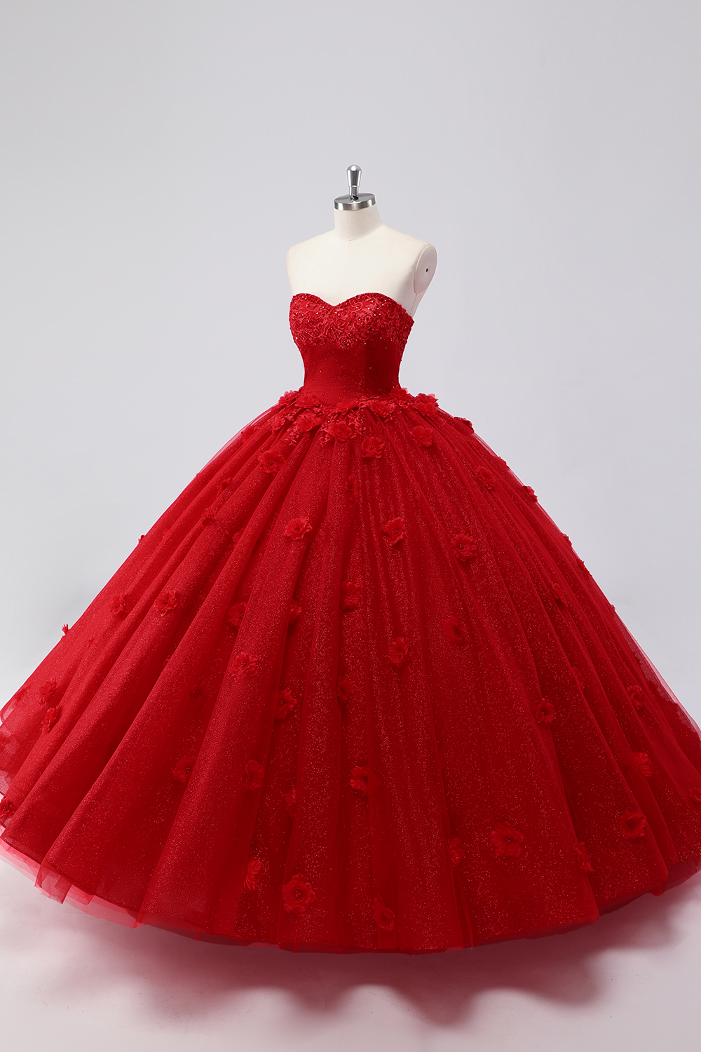 Red Floral Sweetheart Princess Applique Tulle Quinceanera Dress with Sequins