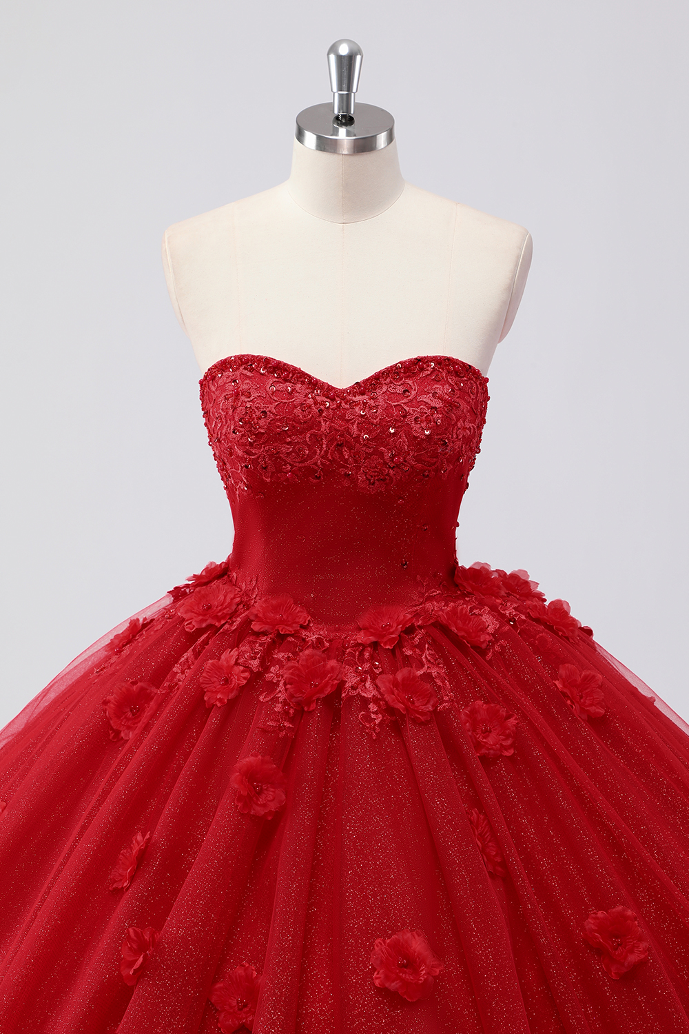 Red Floral Sweetheart Princess Applique Tulle Quinceanera Dress with Sequins