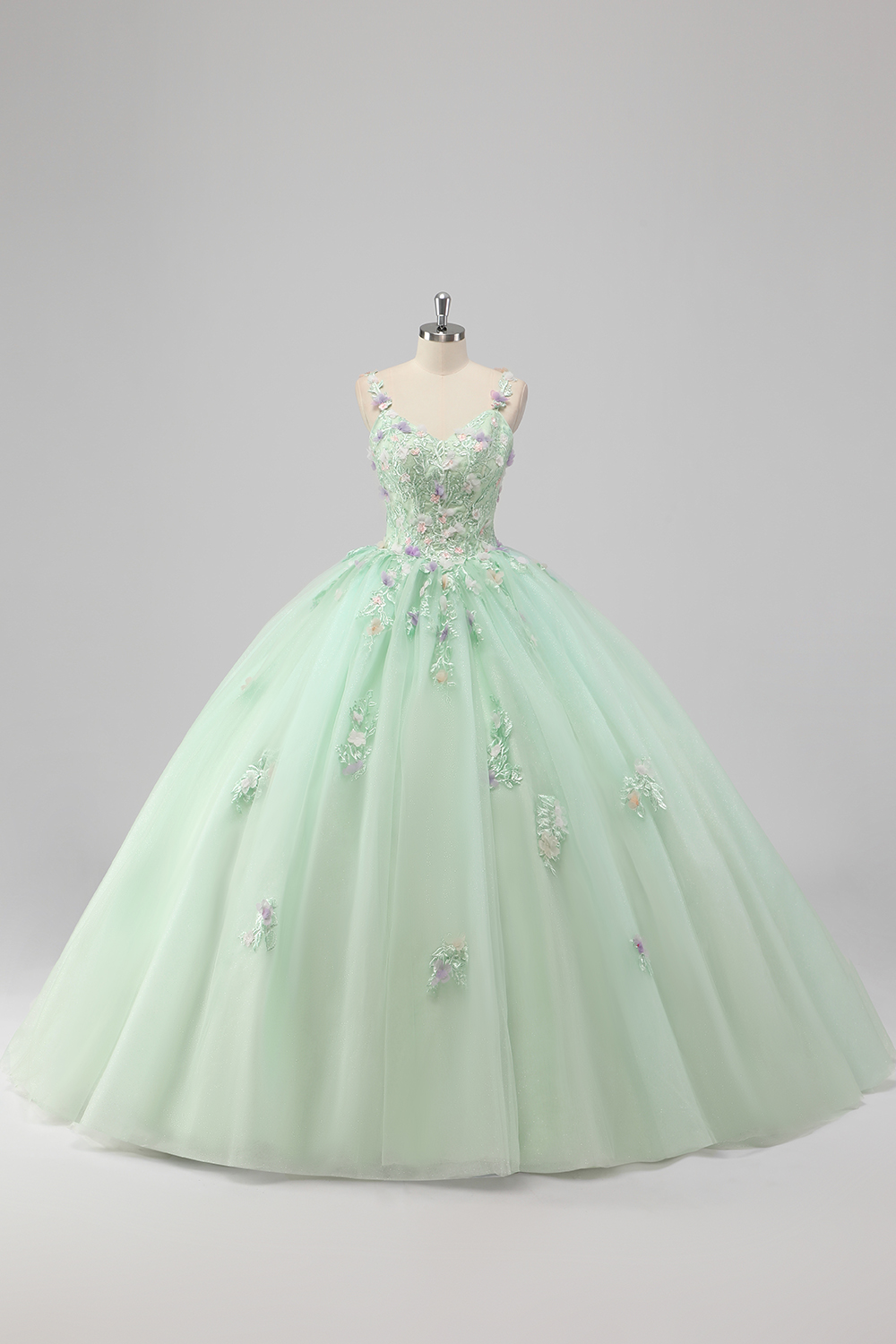 Green Spaghetti Straps Princess Applique Tulle Quinceanera Dress with Floral