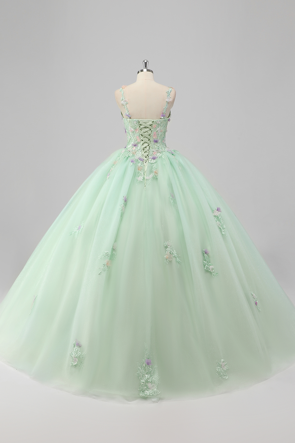 Green Spaghetti Straps Princess Applique Tulle Quinceanera Dress with Floral