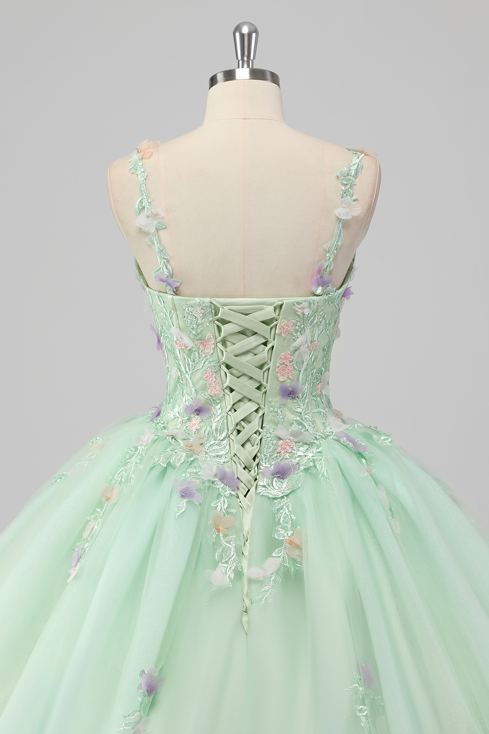 Green Spaghetti Straps Princess Applique Tulle Quinceanera Dress with Floral