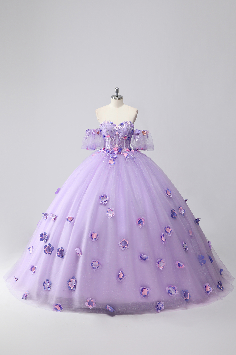 Lilac Floral Off the Shoulder Princess Applique Sequin Quinceanera Dress with Puff Sleeves