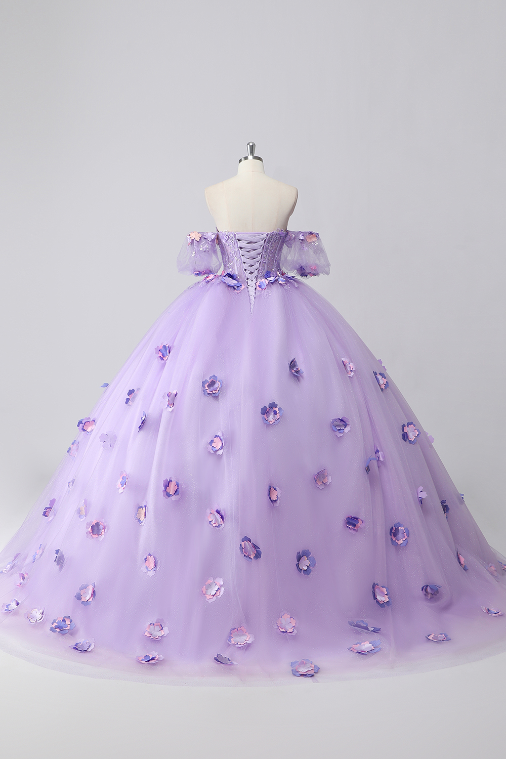 Lilac Floral Off the Shoulder Princess Applique Sequin Quinceanera Dress with Puff Sleeves