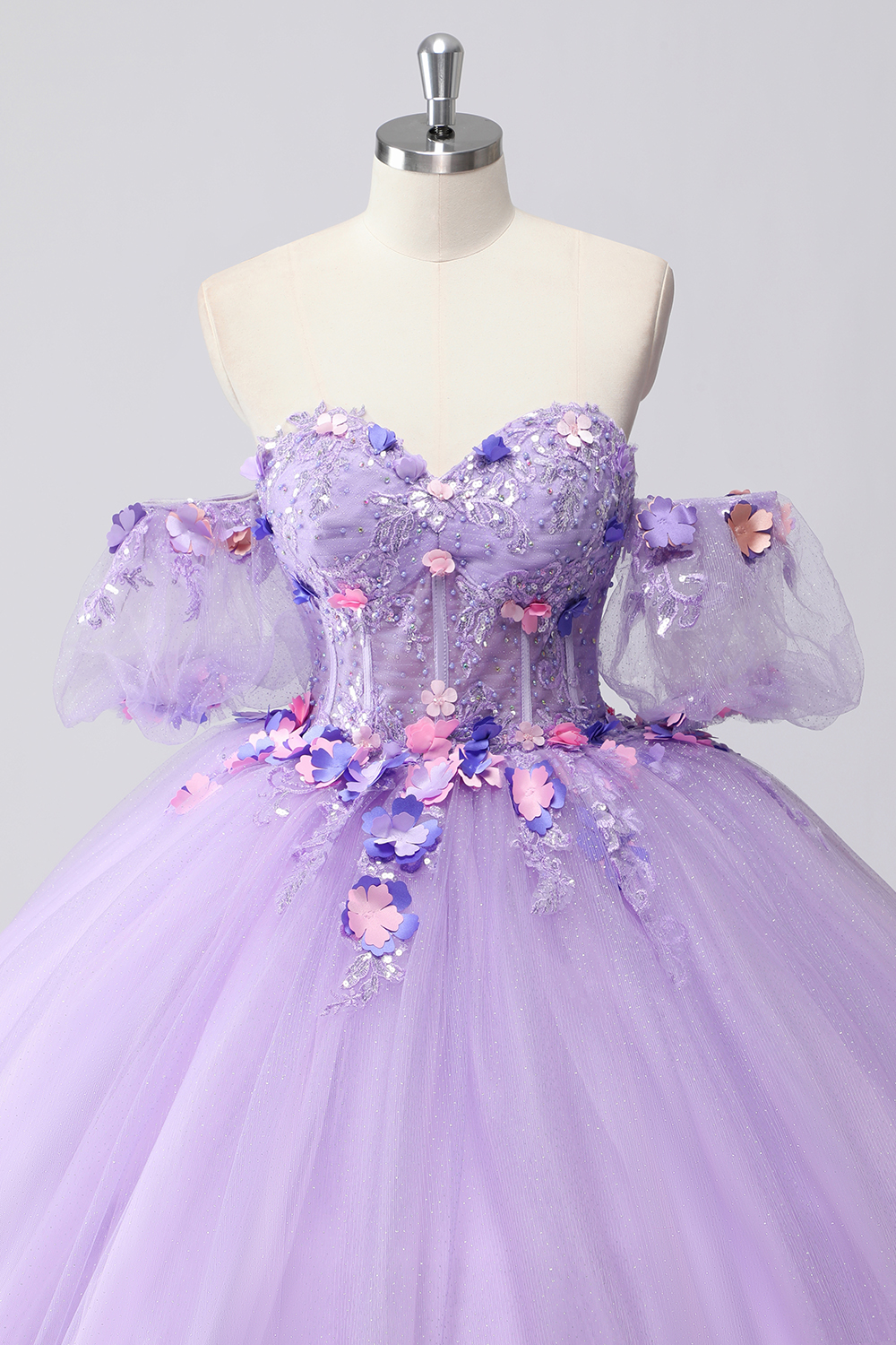 Lilac Floral Off the Shoulder Princess Applique Sequin Quinceanera Dress with Puff Sleeves