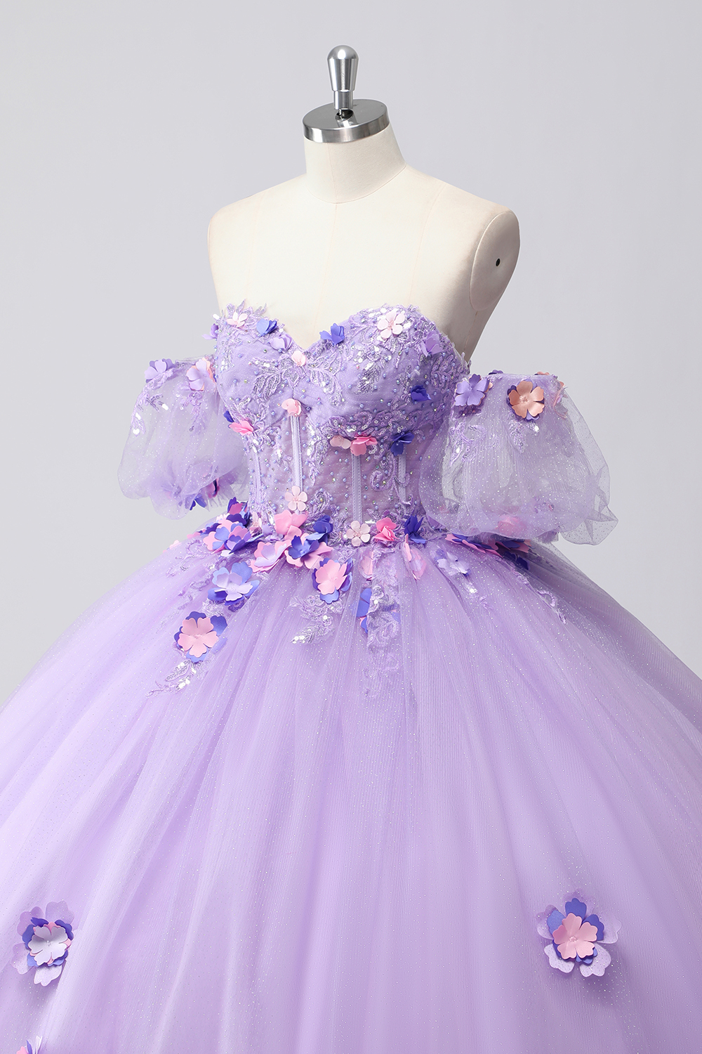 Lilac Floral Off the Shoulder Princess Applique Sequin Quinceanera Dress with Puff Sleeves