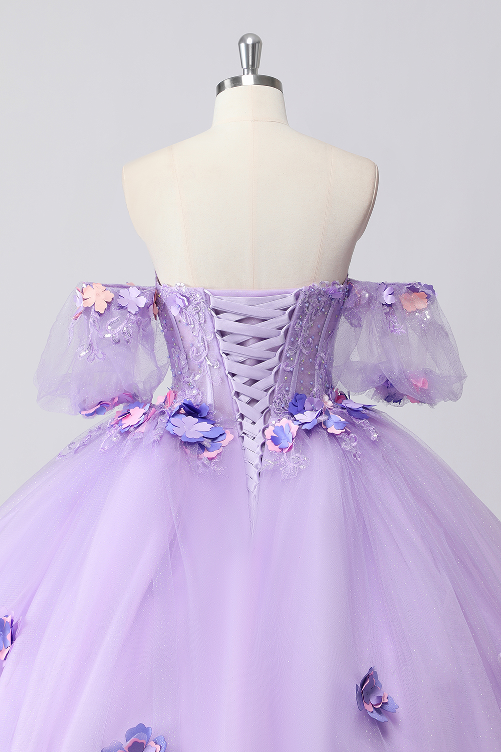 Lilac Floral Off the Shoulder Princess Applique Sequin Quinceanera Dress with Puff Sleeves