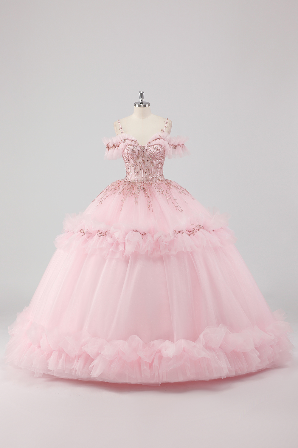 Blush Cold Shoulder Princess Applique Beaded Tulle Quinceanera Dress