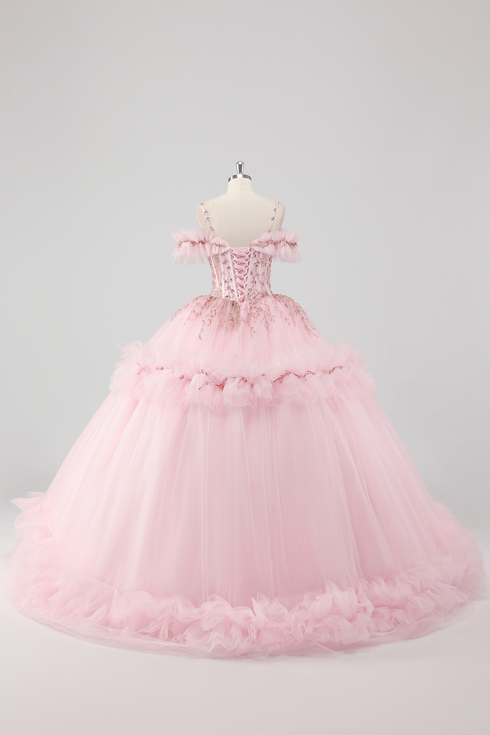 Blush Cold Shoulder Princess Applique Beaded Tulle Quinceanera Dress