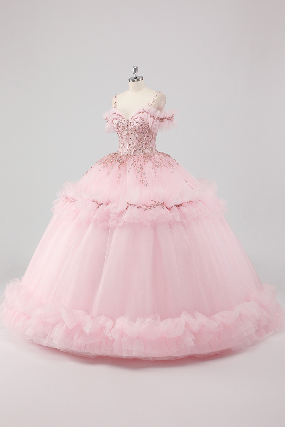 Blush Cold Shoulder Princess Applique Beaded Tulle Quinceanera Dress