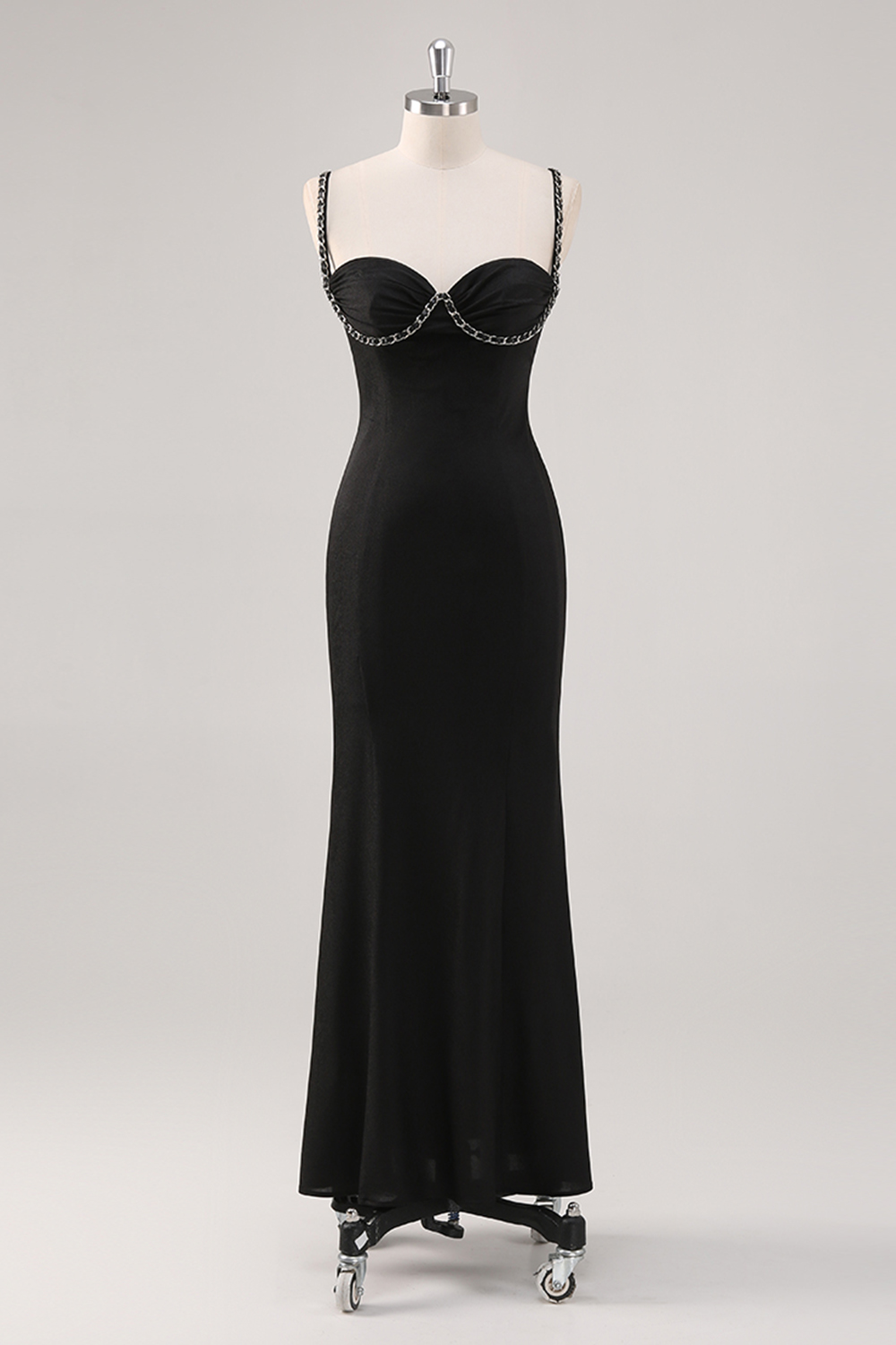 Black Spaghetti Straps Sheath Satin Long Prom Dress