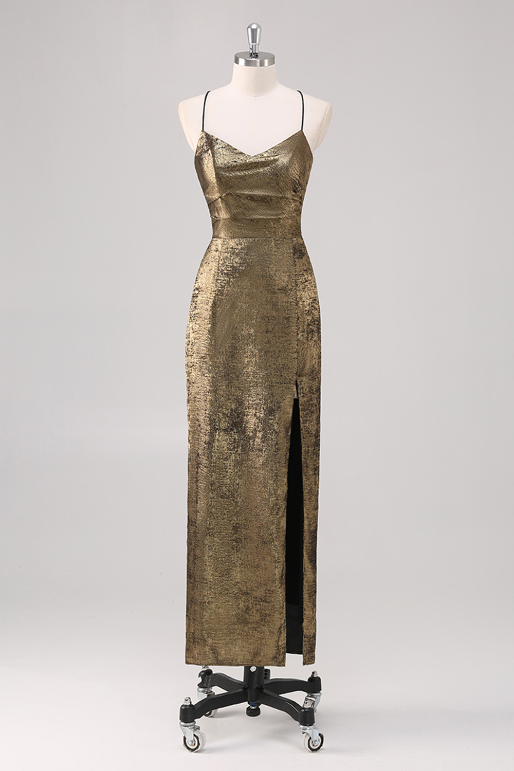 Glitter Gold Simple Sheath Formal Prom Dress with Slit