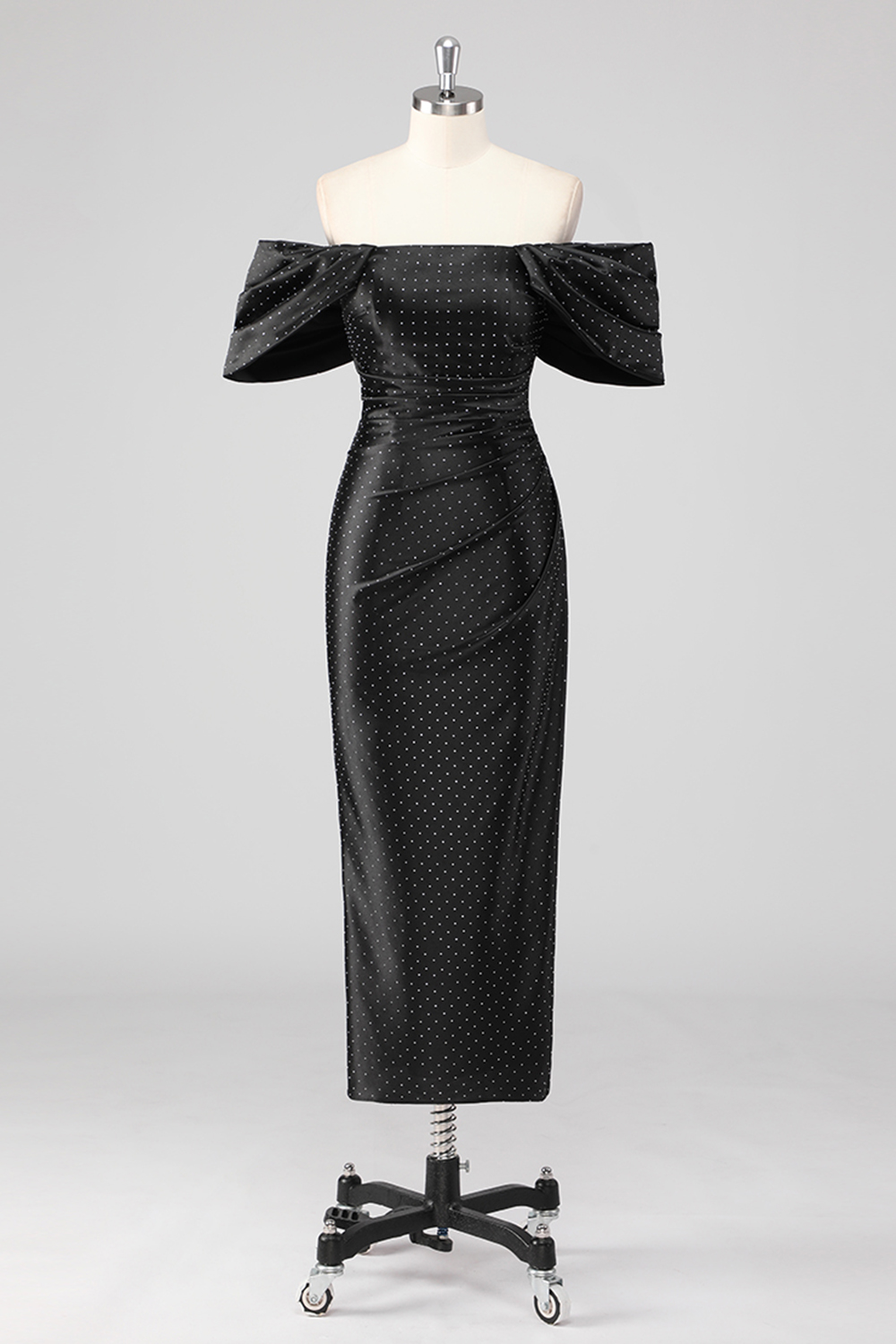 Black Polka Dot Off The Shoulder Sheath Ruched Long Prom Dress