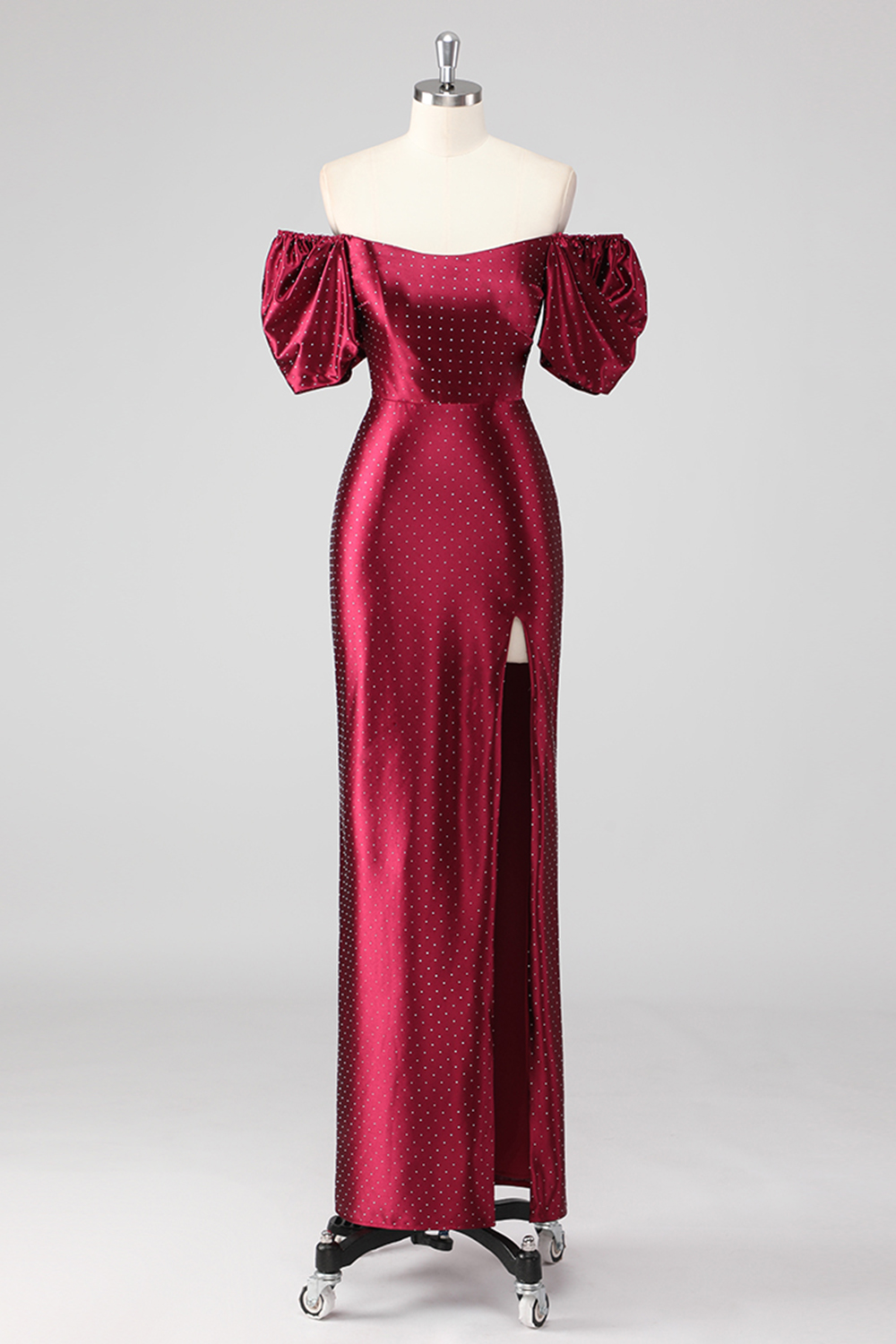 Burgundy Polka Dot Off The Shoulder Sheath Satin Puff Sleeves Long Prom Dress