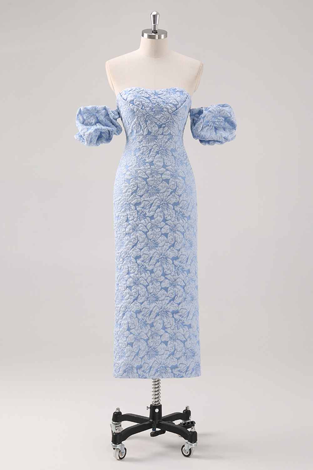 Blue Off the Shoulder Sheath Tea Length Prom Dress