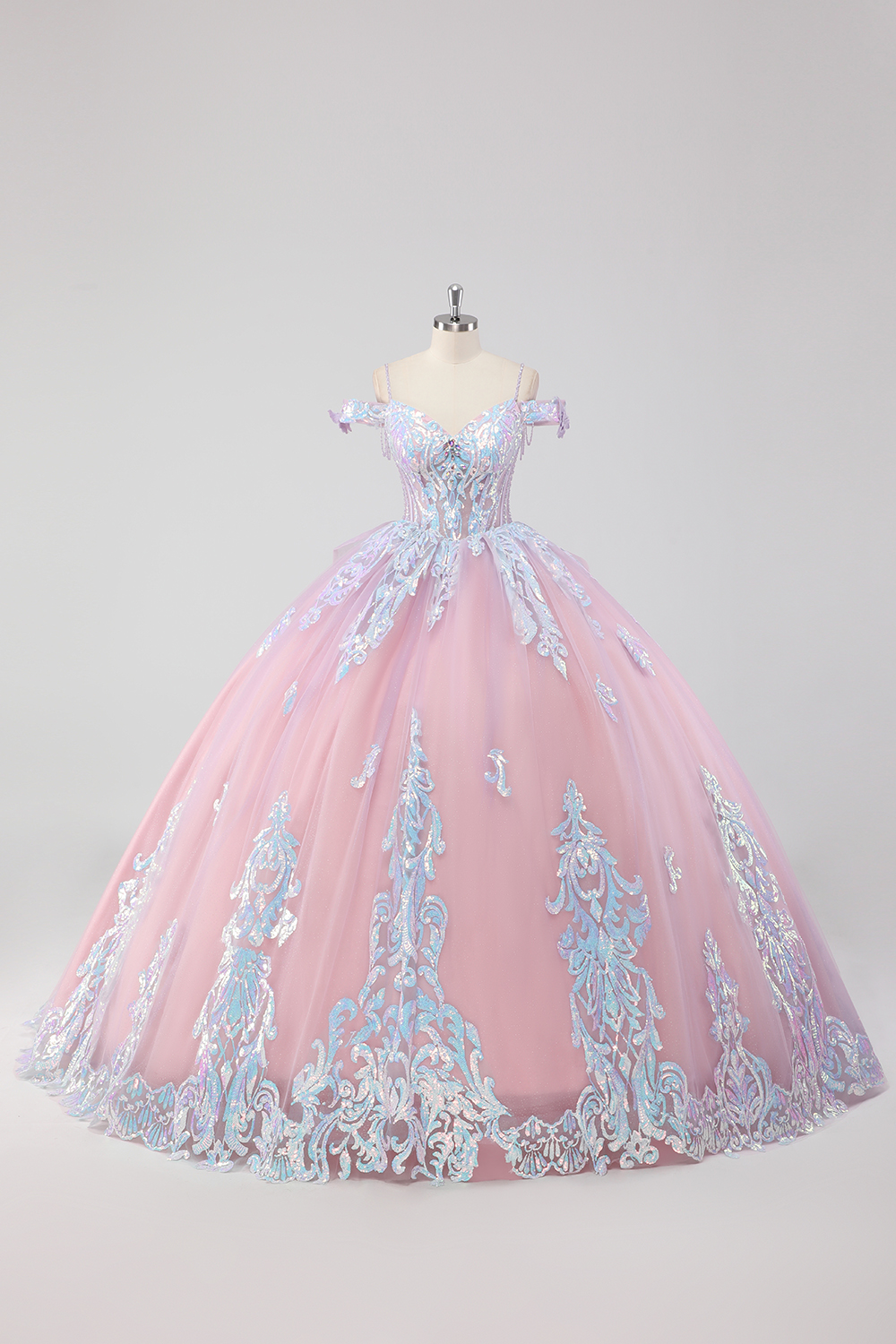 Blush Pink Cold Shoulder Princess Corset Tulle Quinceanera Dress
