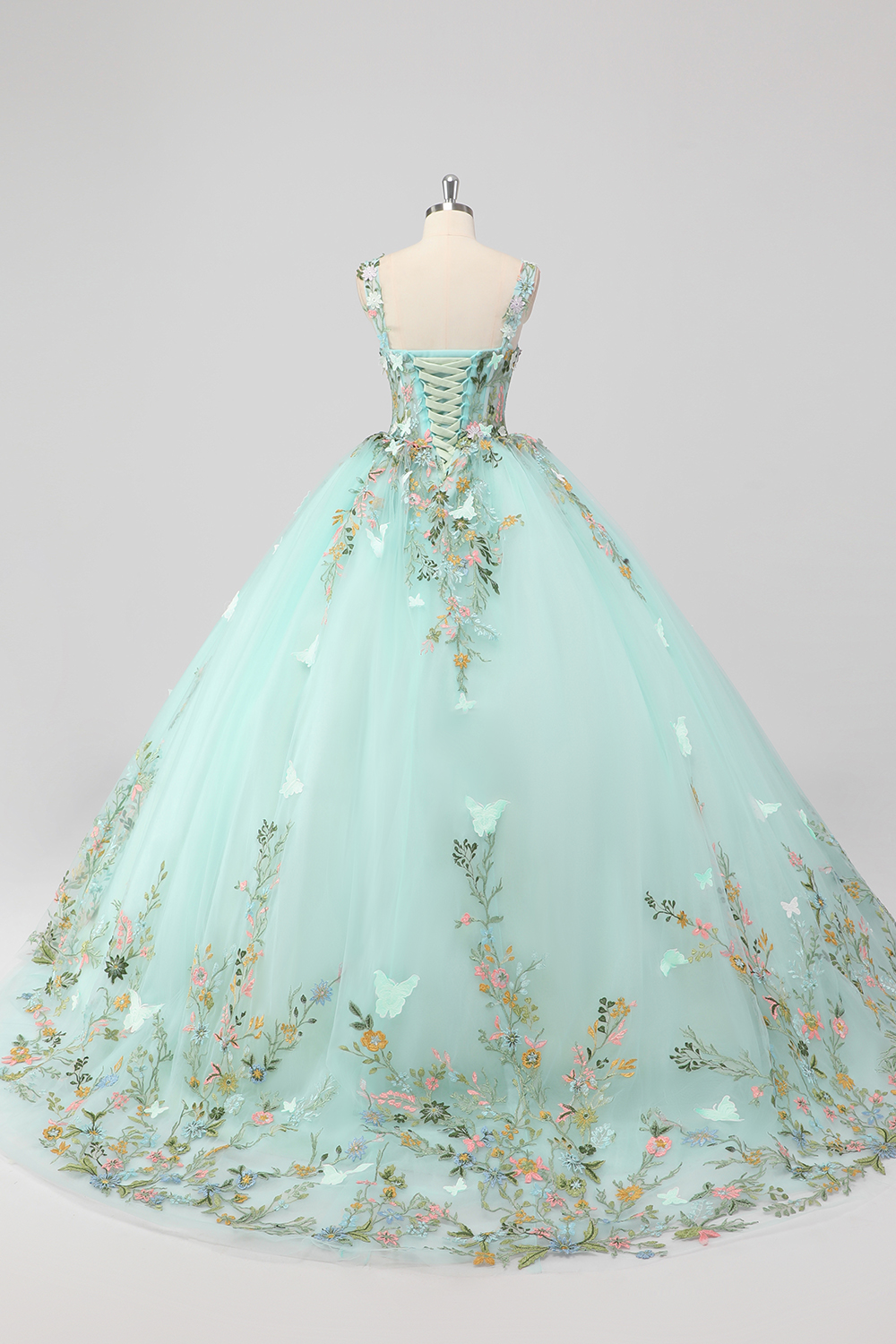 Mint Tulle Ball Gown Flower Quinceanera Dress with Butterflies