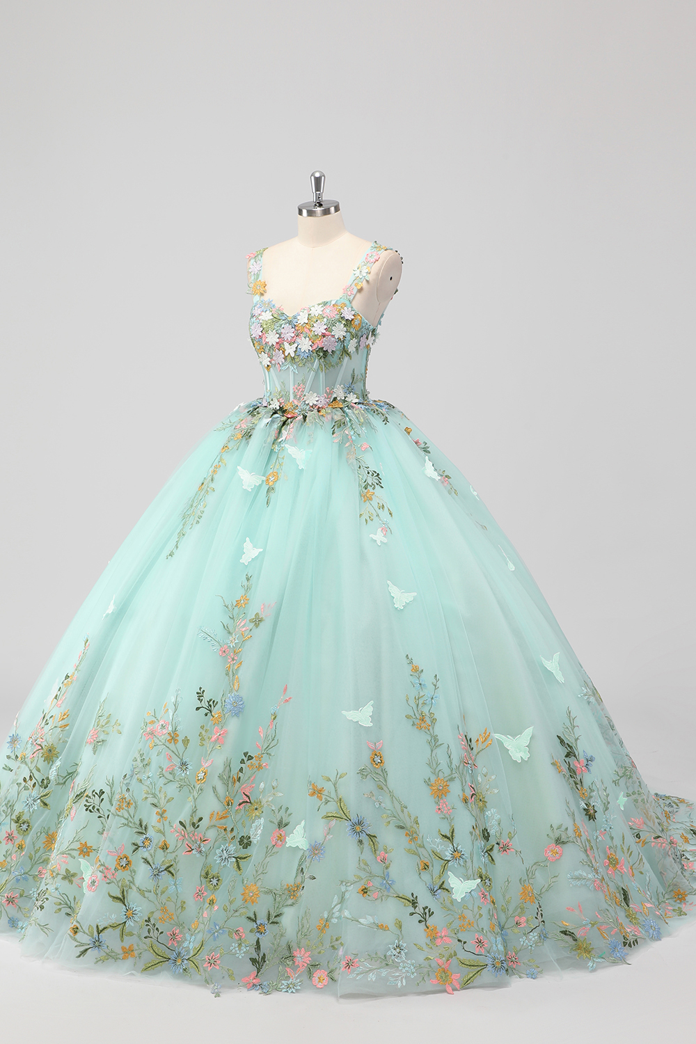 Mint Tulle Ball Gown Flower Quinceanera Dress with Butterflies