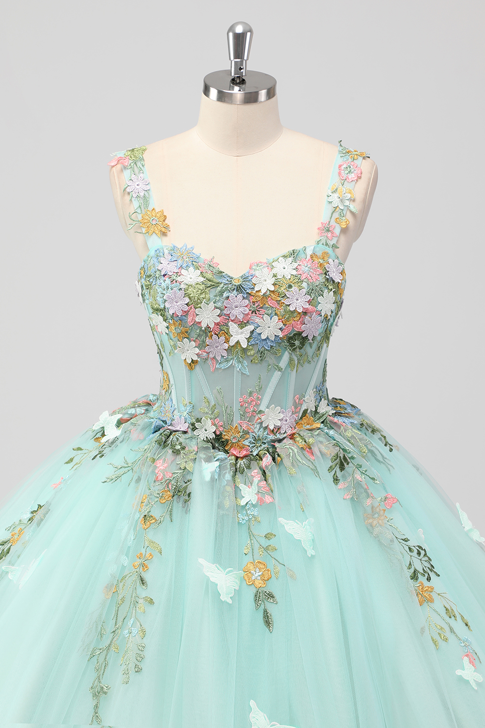 Mint Tulle Ball Gown Flower Quinceanera Dress with Butterflies