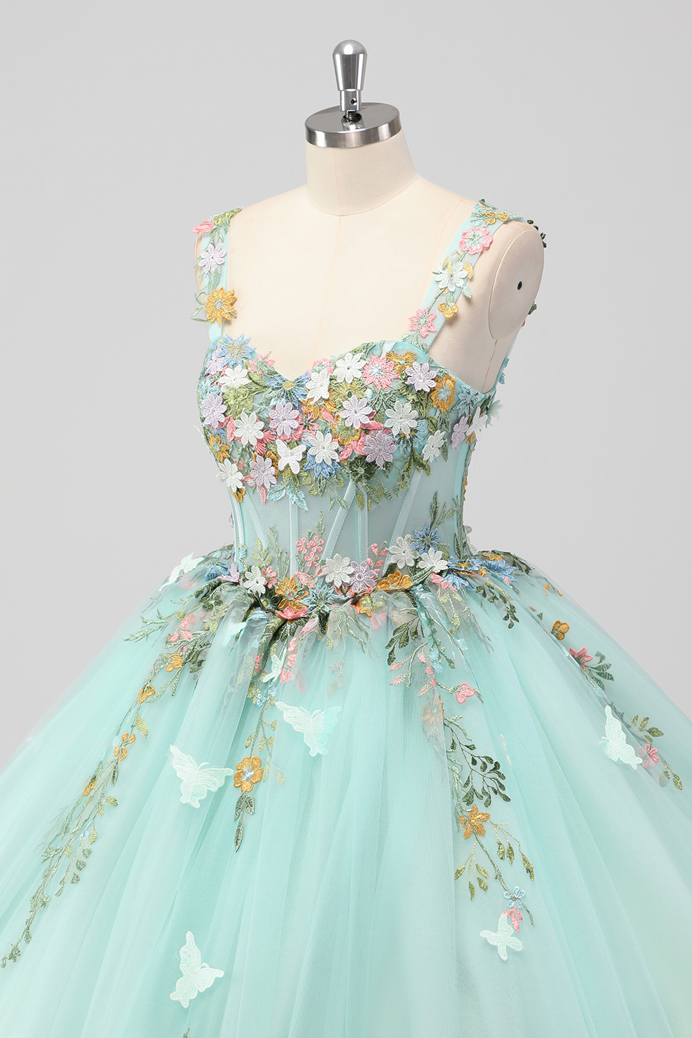 Mint Tulle Ball Gown Flower Quinceanera Dress with Butterflies