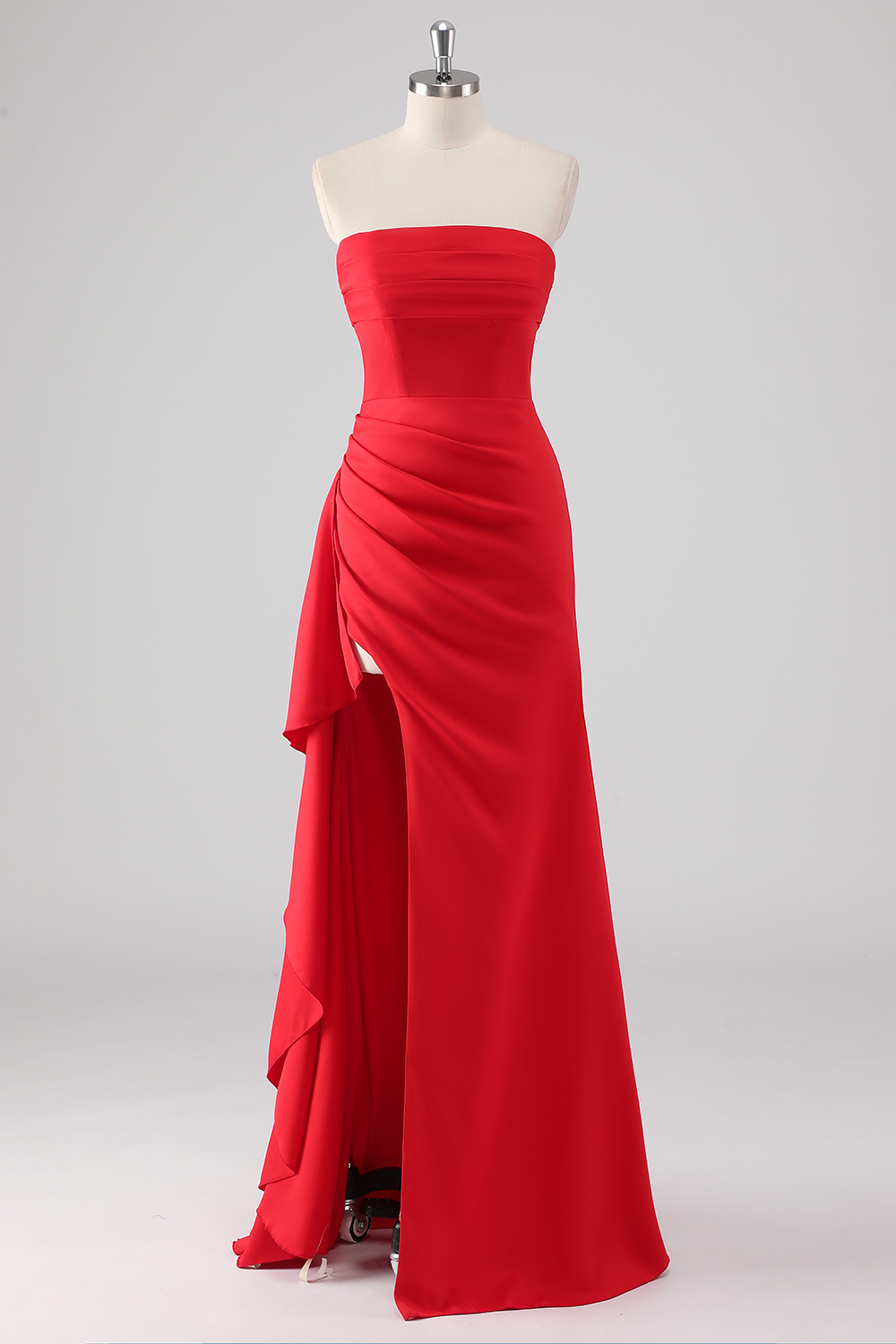Red Strapless Satin Sheath Ruched Long Prom Dress with Slit