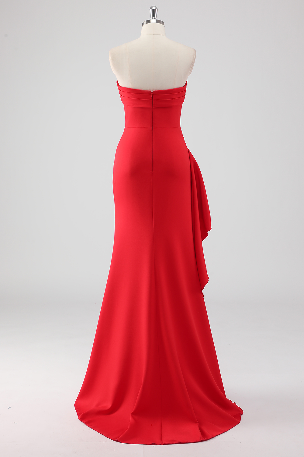 Red Strapless Satin Sheath Ruched Long Prom Dress with Slit