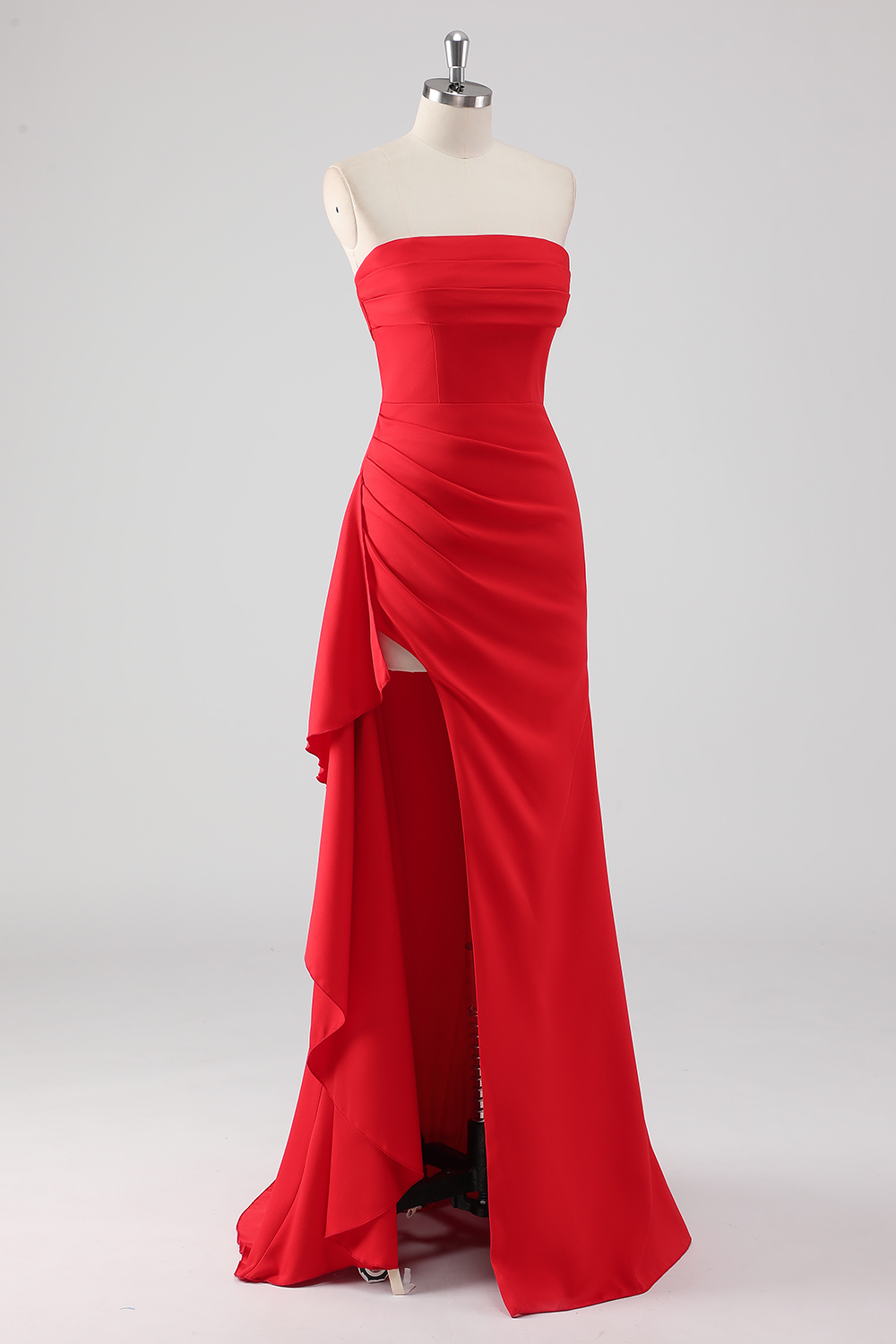 Red Strapless Satin Sheath Ruched Long Prom Dress with Slit
