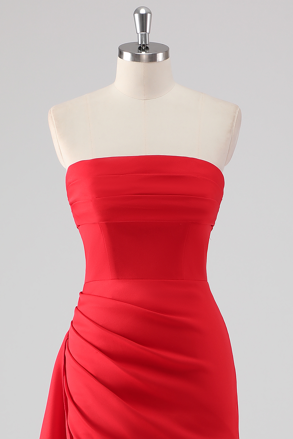 Red Strapless Satin Sheath Ruched Long Prom Dress with Slit