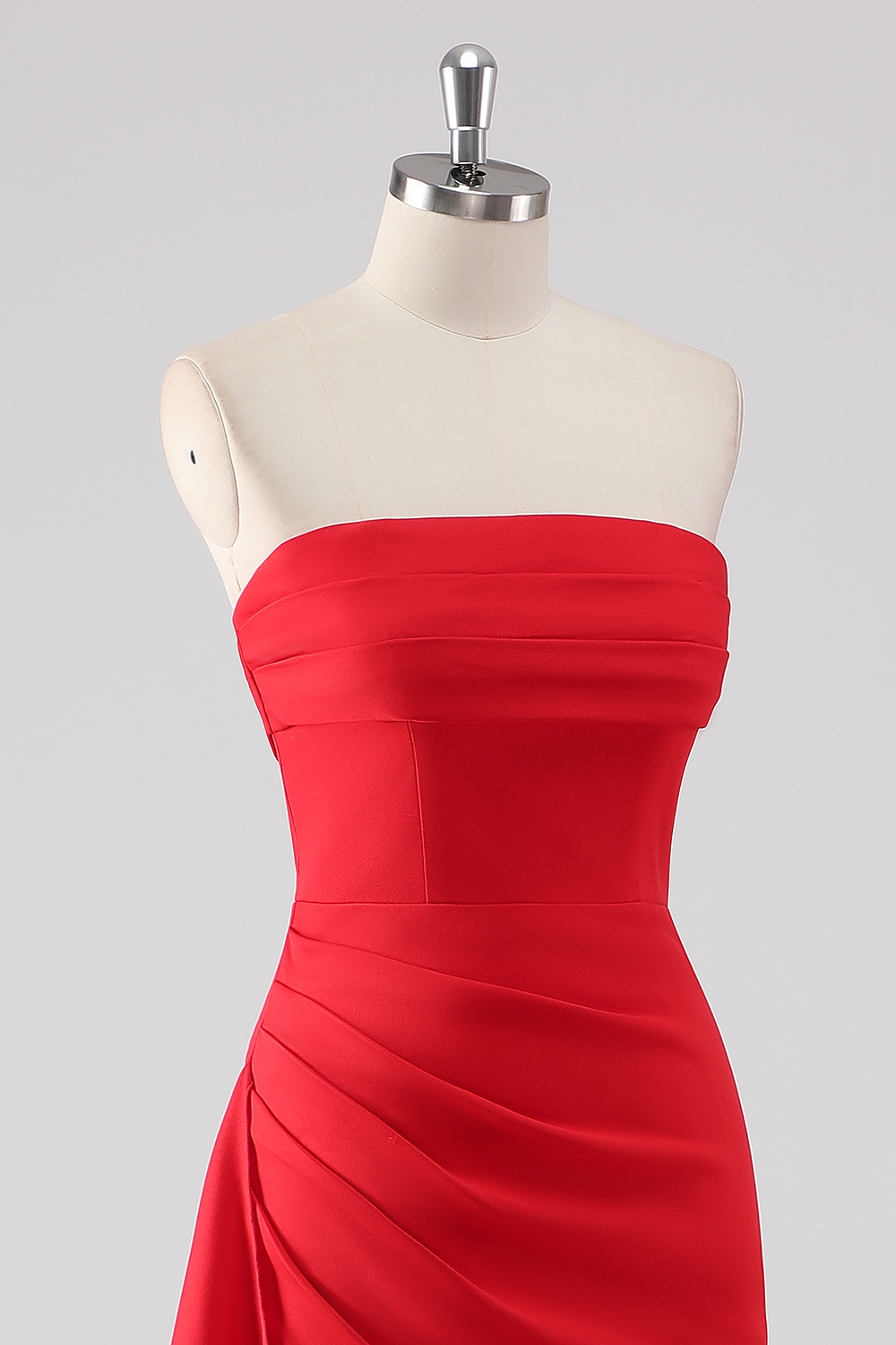 Red Strapless Satin Sheath Ruched Long Prom Dress with Slit