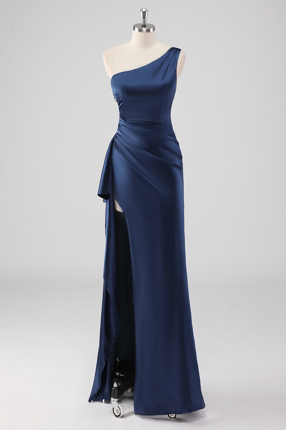 Navy One Shoulder Satin Sheath Ruched Long Prom Dress with Slit